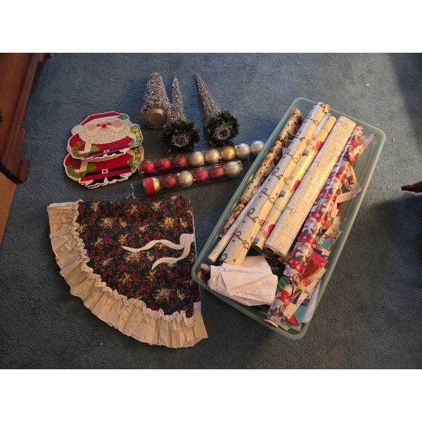 PICKUP IN CANTON- Large Plastic Storage Container With Wrapping Paper, Christmas Tree Decor, Placema