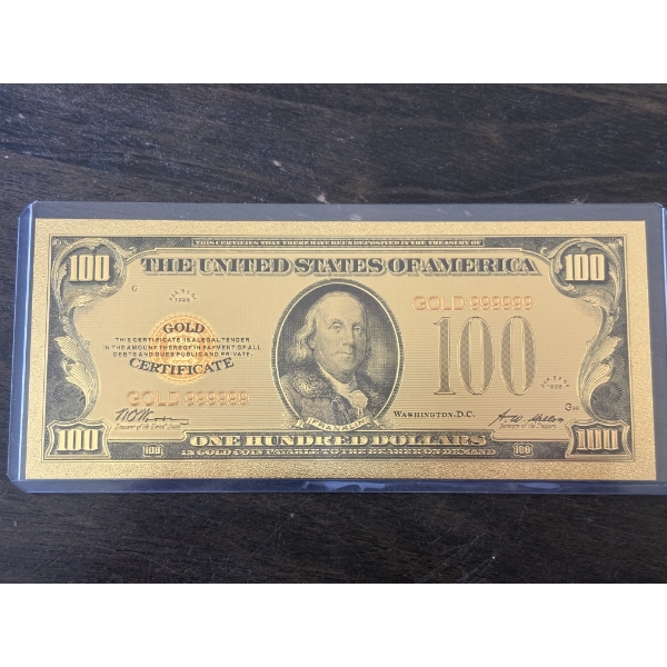 $100 Gold Certificate Gold Back .999999 - 24K Gold Back In Protective Holder - Mint Condition