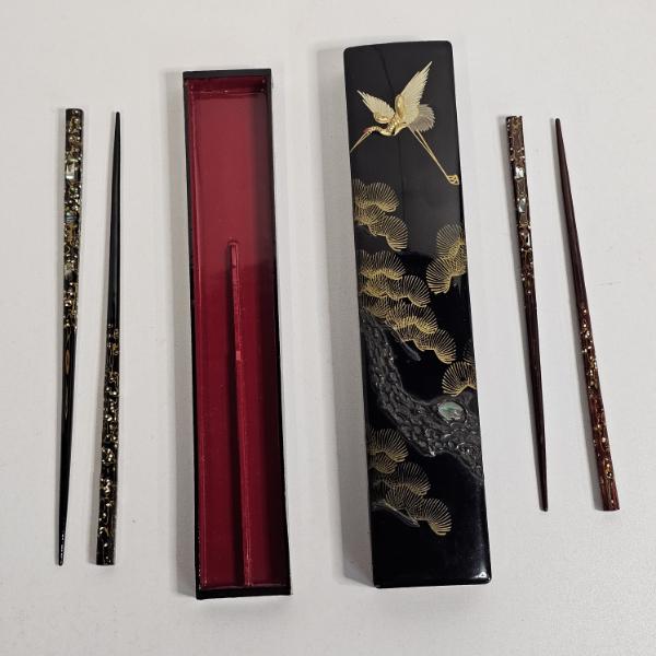 Two Pair of Vintage Japanese Lacquered Chopsticks with Matching Sliding Storage Box