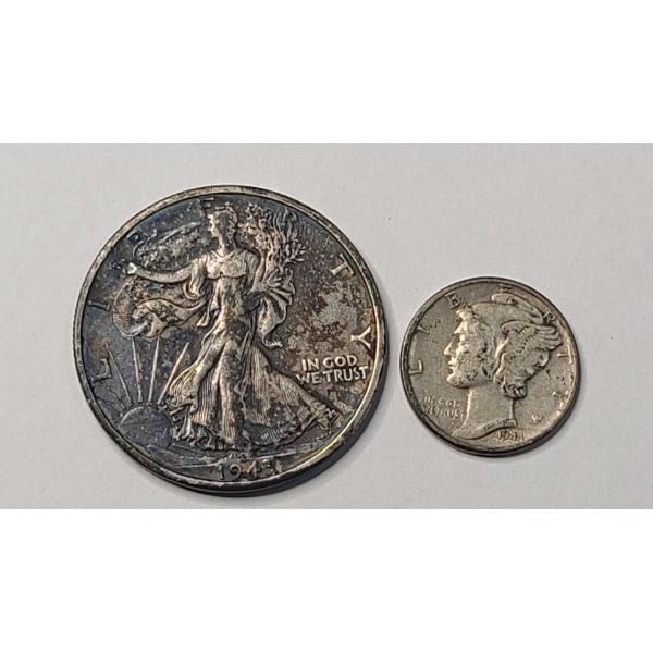 U.S 1943-S 90% Silver Walking Liberty Half Dollar & 1944 90% Silver Mercury Dime - Face Value: $0.60