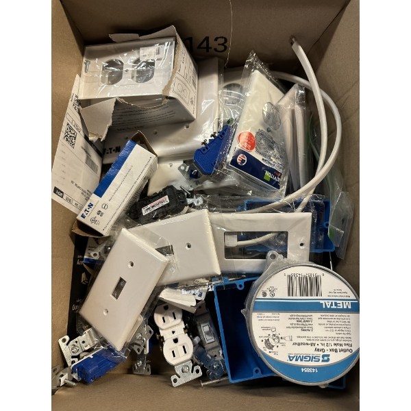 Box of Misc Electrical Including, Outlets, Light Switches, Covers, and Boxes