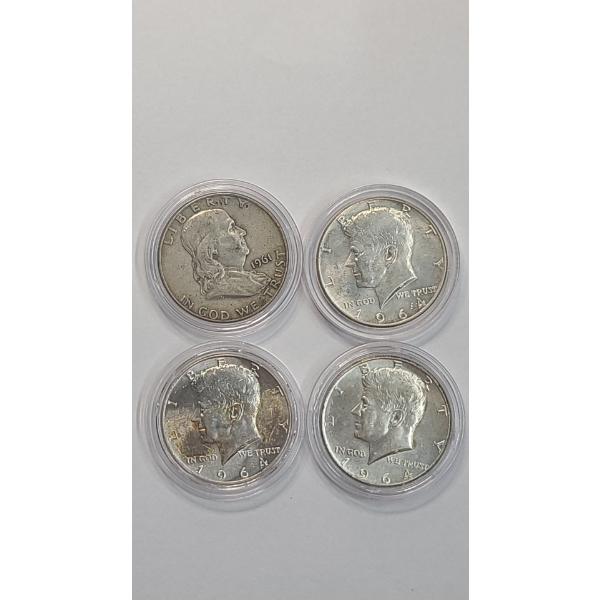 (4) U.S 90% Silver Half Dollars - 1961-D Franklin Half Dollar & (3) 1964 Kennedy Halves - FV: $2.00