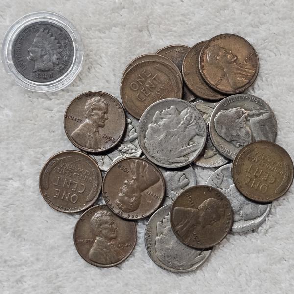 Vintage US Coins Featuring 1888 Indian Head Cent, Buffalo Nickels, And Wheat Cents - FV: $.47