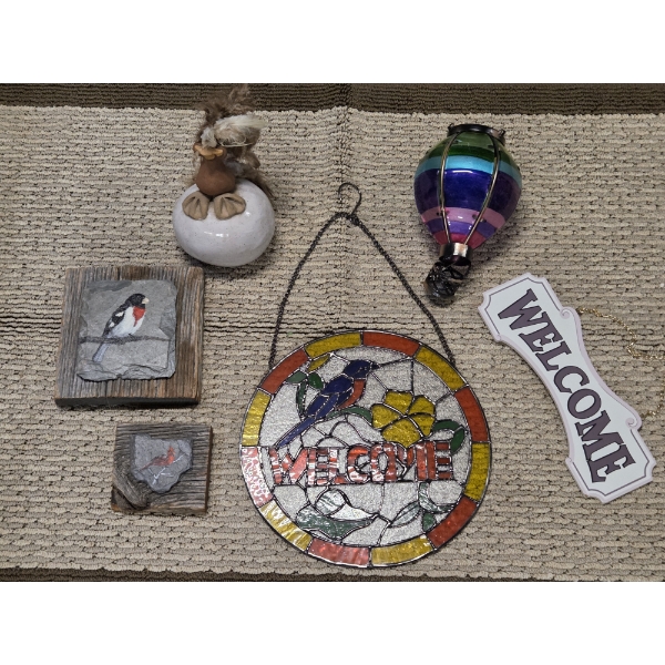 Decor Group Including Hand Painted Slate Pictures, Stained Glass Sign, & More