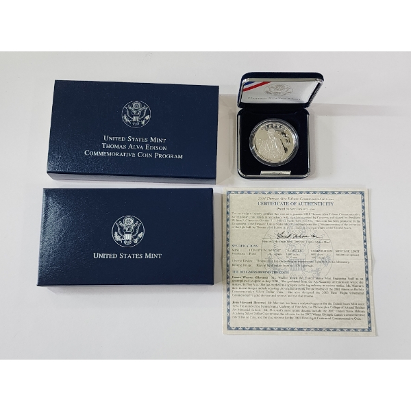 Thomas Alva Edison Commemorative Coin - 90% Silver Proof Coin - Original Box & CoA