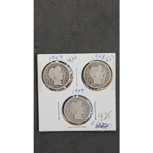 1907, 1908, 1909 90% Silver Barber Dimes - Face Value: 0.30