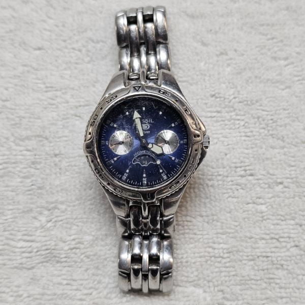 Vintage Fossil Blue Stainless Steel Moon Phase Men's Watch