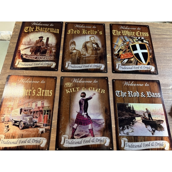 6 Tin 12''x9'' Decorative Welcome Signs - The Butcher's Arms - The White Cross & More