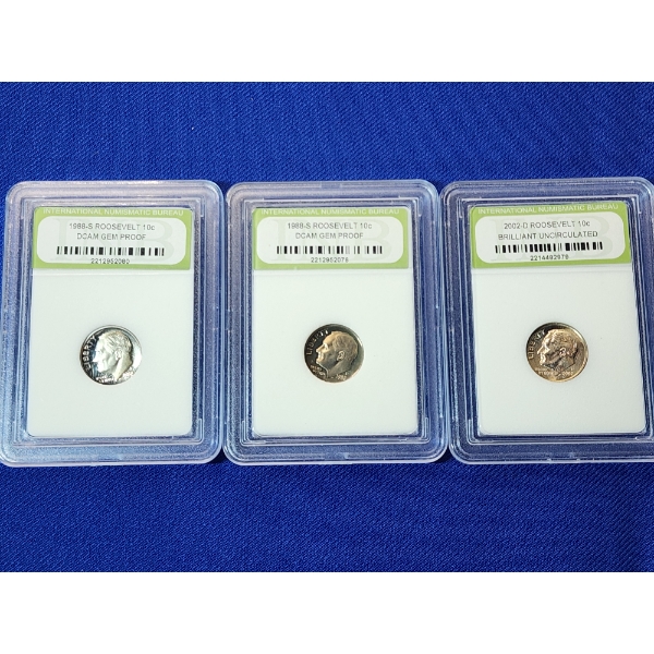 x3 INB Roosevelt Dimes Including DCAM Gem Proof and Brilliant Uncirculated, Assorted Years