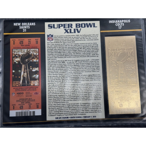 Authentic 2010 Super Bowl XLIV NFL Football Ticket & 24K Gold Plated Ticket - Mint Condition