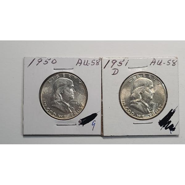 United States 1950 & 1951-D 90% Silver Franklin Half Dollars - Face Value: $1.00