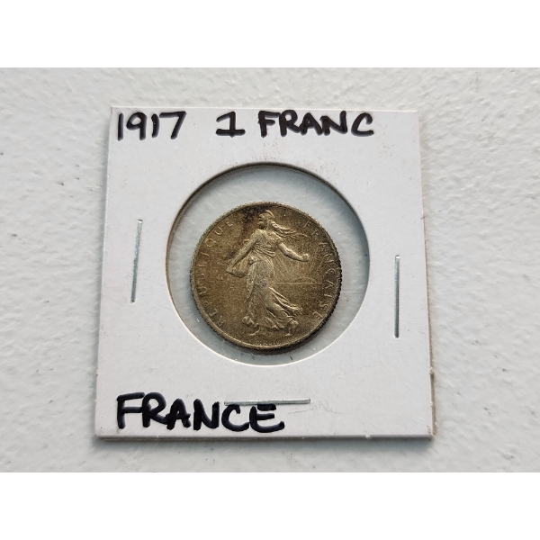1917 France 1 Franc Coin 83.5% Silver ASW: .1342oz