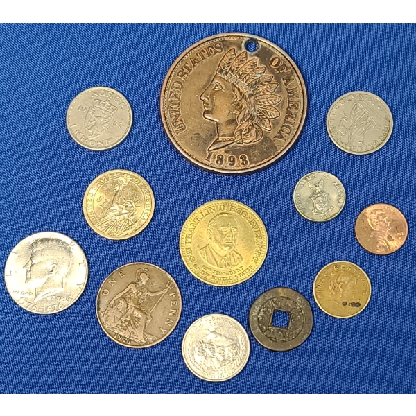 Assorted U.S And Foreign Coins & Tokens Including Large 1893 Indian Head Penny Replica 