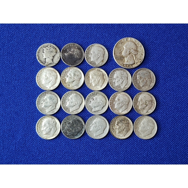 Assorted U.S. 90% Silver Coins Including Washington Quarter, Mercury & Roosevelt Dimes - FV: $2.05