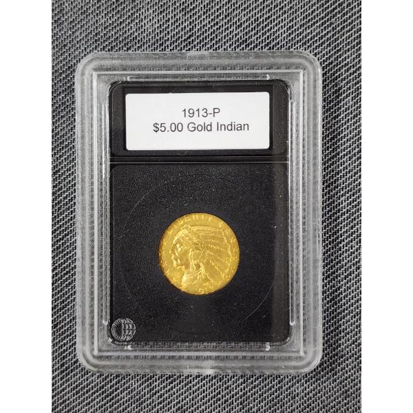 1913 United States $5.00 Gold Indian Coin Minted by Philadelphia Mint in Slab ~ AGW: 0.242 Oz