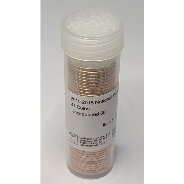 Tube Of (41) Uncirculated 60 U.S 2010-2018 National Parks Washington Quarters - Face Value: $10.25