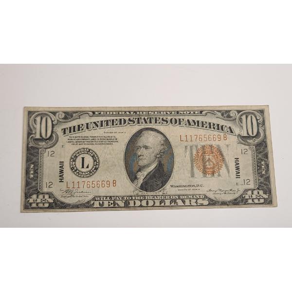 Series 1934 A $10 Brown Seal HAWAII EMERGENCY OVERPRINT Federal Reserve Bank Note 