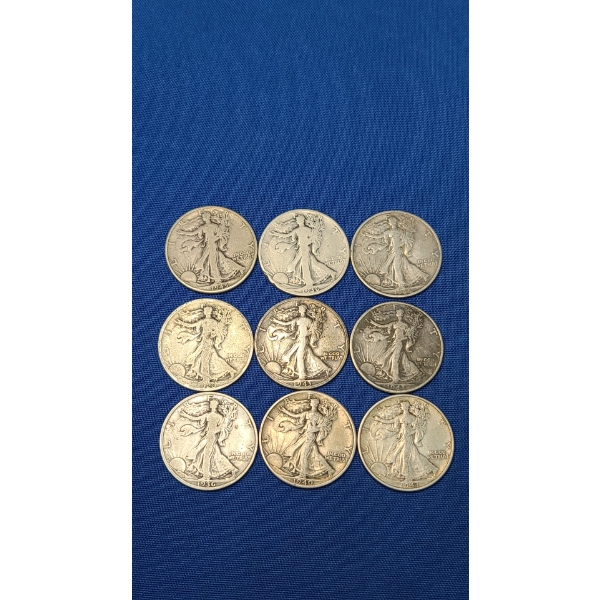 Assorted Years/Mint Marks 90% Silver Walking Liberty Half Dollars - Face Value: $4.50