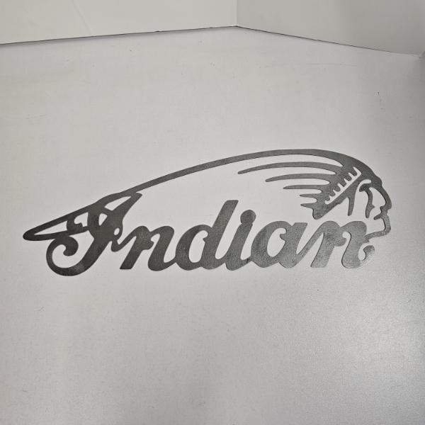 Vintage 20" Indian Motorcycle Script Headdress Metal Wall Art Sign