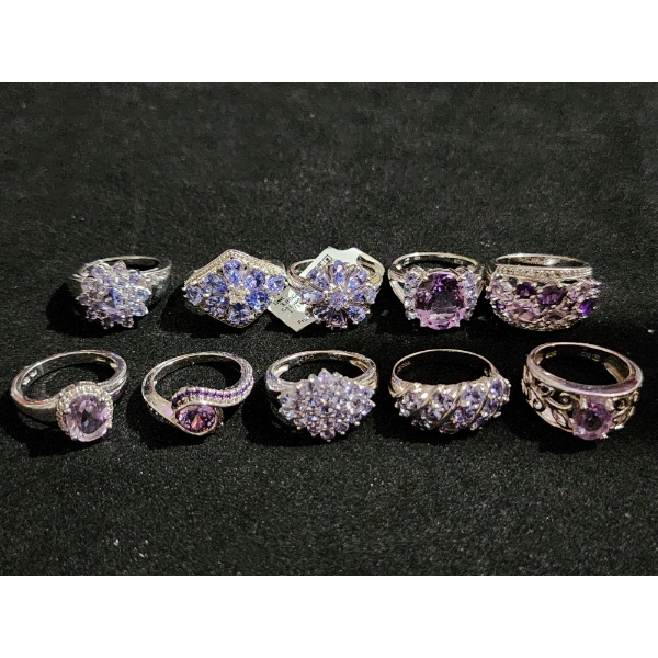 Ten Gorgeous Sterling Silver Rings Ft. Tanzanite & Topaz - Weighing Total of 40.6 Grams