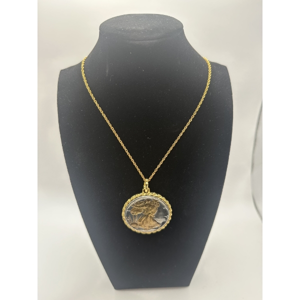 .999 Silver, Gold Plated 1 Troy Ounce American Eagle on Gold Plated Necklace