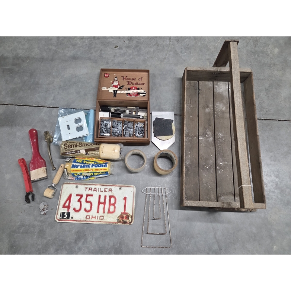 Vintage Collectables Including Paint Rollers & Scraper, Wood Caddy, Cigar Box And More