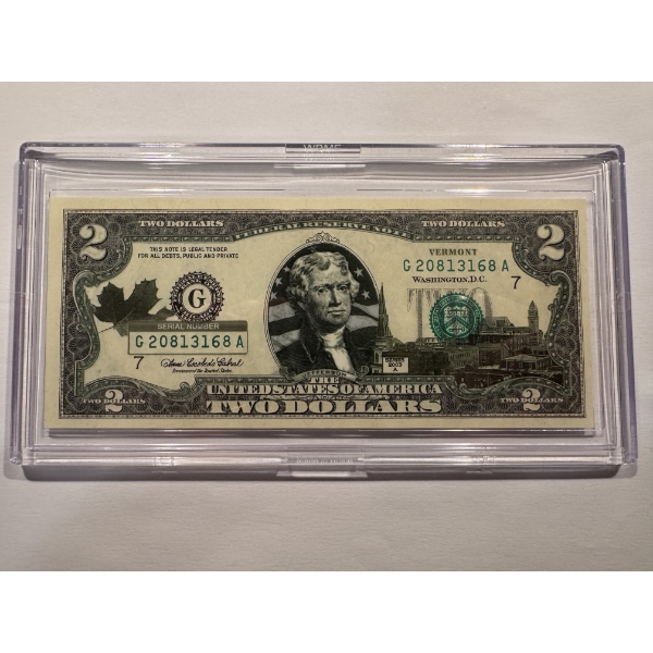 2003 United States Jefferson VERMONT $2.00 Bill In Hard Case Holder - Mint Condition - RARE
