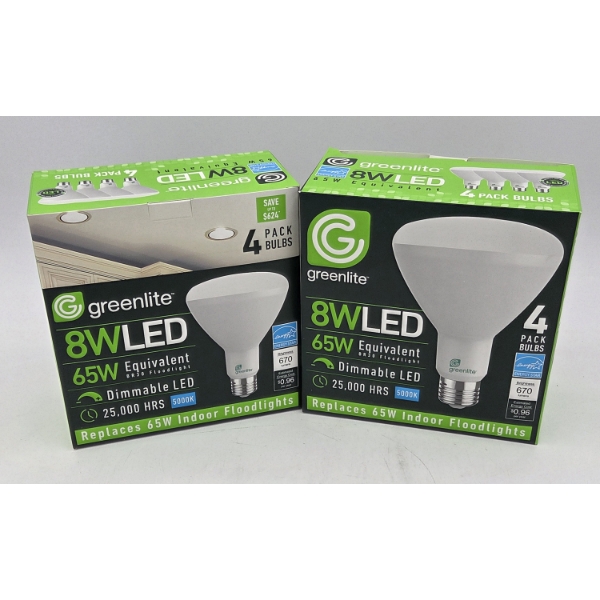 Two Brand New- 4 Packs Of Dimmable 8W LED Greenlite Bulbs