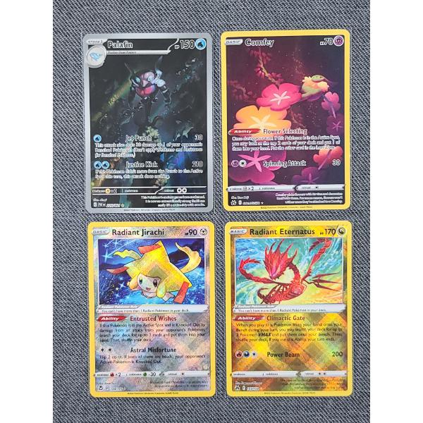 Four Assorted Near Mint Illustration & Rare Holo Pokemon Trading Cards Including Palafin & More!