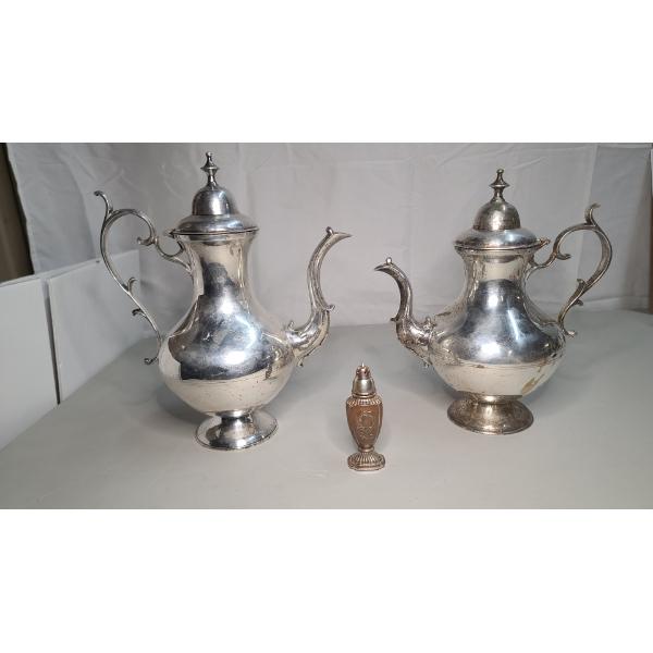Silver-Plated Teapots & Salt Shaker - Total Weight: 6.6 LBS