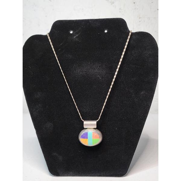 Sterling Silver Colorful Inlay Pendant Necklace - 24in - TW: 24.2g