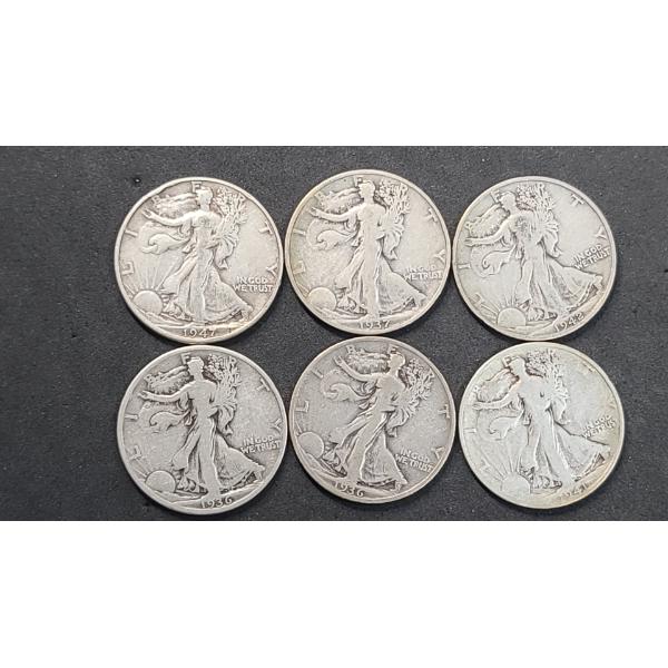 (6) Assorted Years/Mint Marks U.S 90% Silver Walking Liberty Half Dollars - Face Value: $3.00