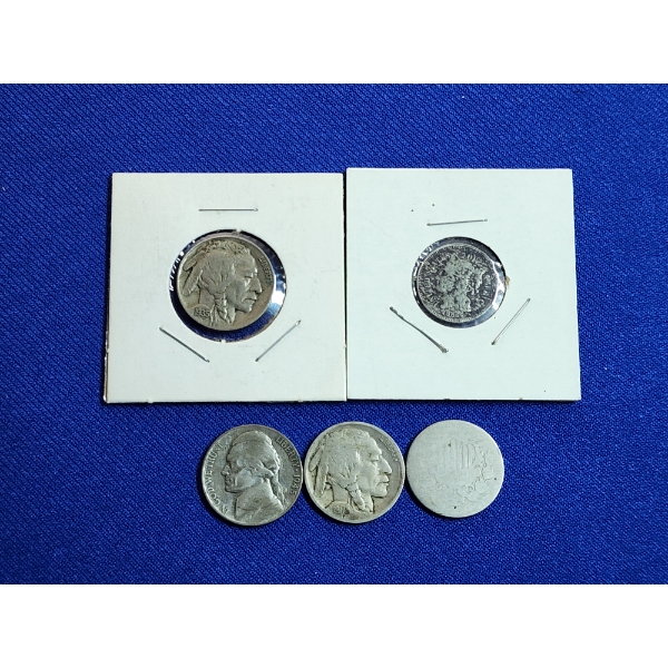 Assorted U.S. Coins: Shield Nickel, Three Cent Nickel, Buffalo Nickels, Jefferson Nickel