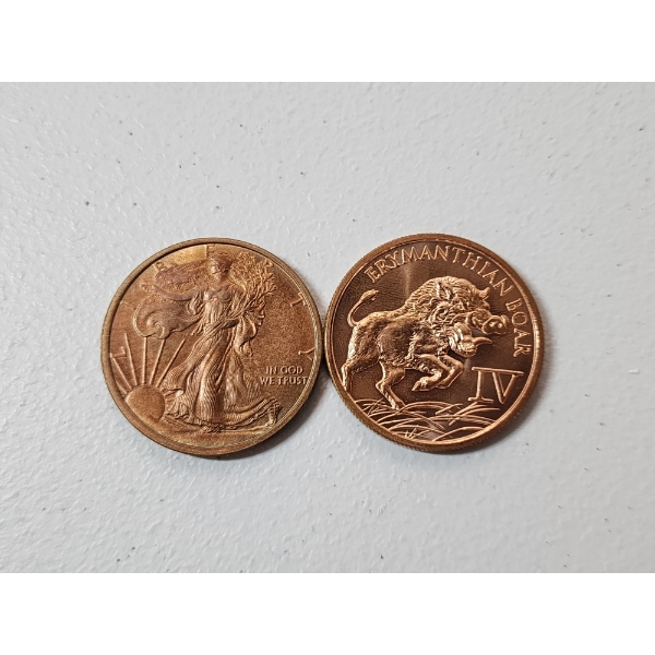 x2 1 oz Fine Copper Rounds: Walking Liberty & Erymanthian Boar