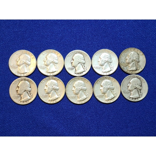 Assorted Years 90% Silver Washington Quarters - Face Value: $2.50
