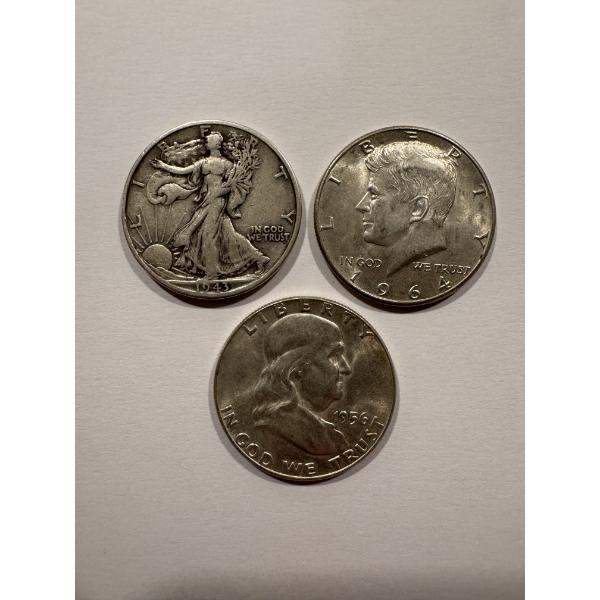3 Piece United States Silver Half Dollar Collection - 90% Silver - Excellent Condition