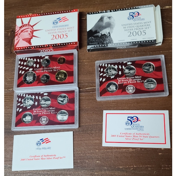 2005 U.S Mint 50 State Quarters Silver Proof Coins Set & 2005 U.S Mint Silver Proof Coin Set