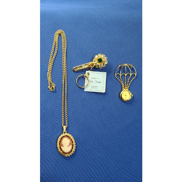 Beautiful Cameo Necklace, Sheffield Quartz Brooch Watch & Vintage Key Finder