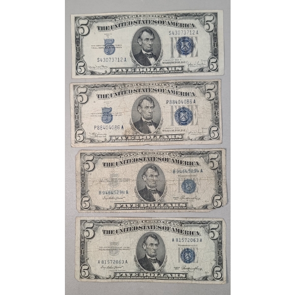 (4) Assorted Series United States $5 Silver Certificates - Face Value: $20.00