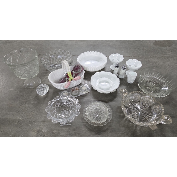 Glass Collectables Including Fenton Milk Glass Ruffle Bowl, Fruit Bowls, Milk Glass Salt & Pepper