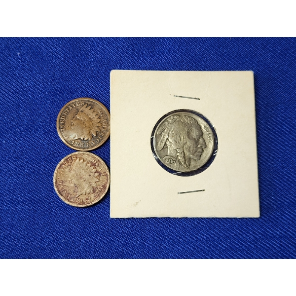 3 - Older U.S. Coins: 1883 & 1963 Indian Head Cents and 1936 Buffalo Nickel