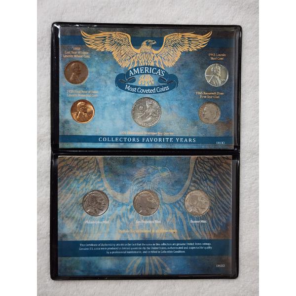 Nice United States Most Coveted Coins Display Featuring 3 Buffalo Nickels, A Steel & Wheat Penny +