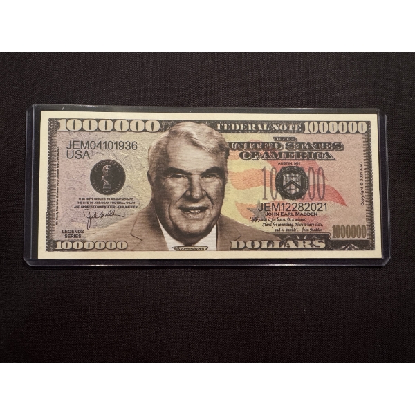 Rare 2021 John Madden Football One Million Dollar Bill - Mint In Protective Holder