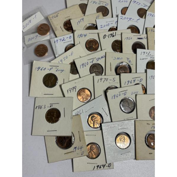 Lot of 46 Assorted Year Pennies, Including Wheat and Copper, FV $.46