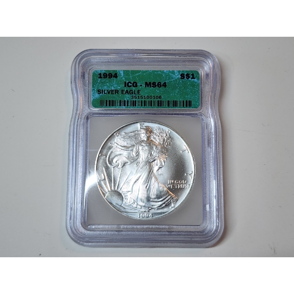 ICG Graded MS64 1994 American Silver Eagle - 1 oz .999 Fine Silver 