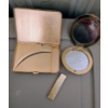 Image 8 : 4 Folding Fans, Vintage Gold Tone And Black Enamel Compact Mirror, & Cigarette Case With Lighter.