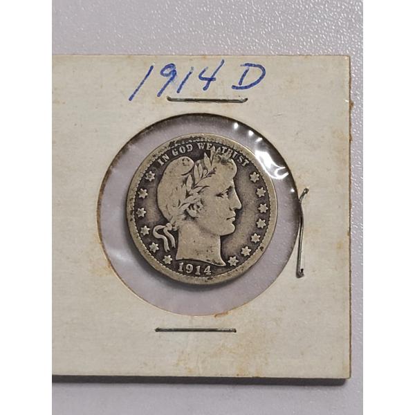 1914D Barber Silver Quarter - 90% Silver - ASW: 0.1808 oz - Mintage: 3,046,000