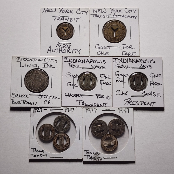 Very Nice Collection of 9 Various Transit Tokens Ft. Stockton California & New York City Coins!
