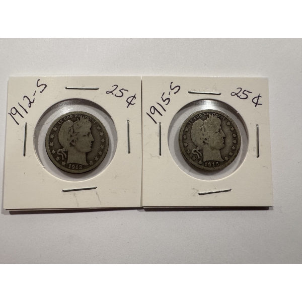 1912-S & 1915-S United States Barber Silver Quarters - Harder Dates To Find