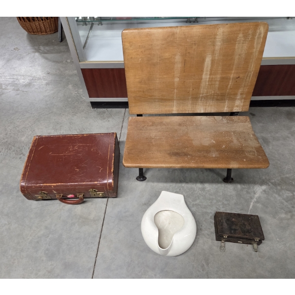 Vintage Collectables Including Metal First Aid Box, Enamelware Bedpan, Folding Wood 24''x30'' Bench 
